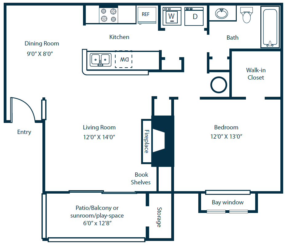 Floor plan for 1 bed, 1 bath, 846 sqft